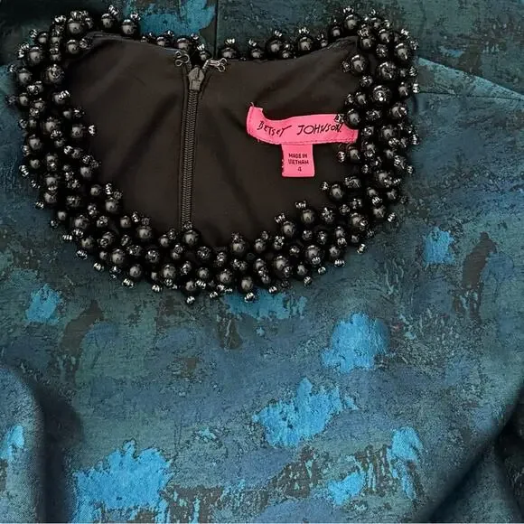 Betsey Johnson Blue Green Jacquard Beaded Collar Dress 4 Holiday Party - Picture 7 of 7